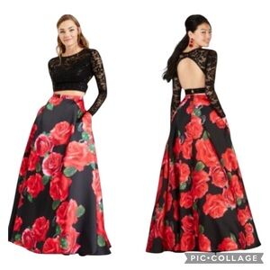 PROM B. Darlin Floral Black Red Two Piece Formal Dress Size 11/12